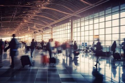 Belebte Terminalhalle eines modernen Flughafens mit vielen Reisenden und Rollkoffern, die im warmen Licht vor großen Glasfronten unterwegs sind
