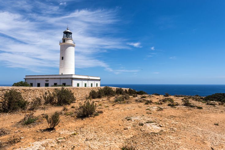Weißer Leuchtturm La Mola auf einer felsigen Küste mit blauem Himmel und Meer im Hintergrund