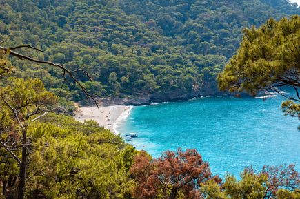 Blick auf die naturbelassene Bucht von Kabak mit dichtem Pinienwald, türkisfarbenem Wasser und ruhigem Strand in der Türkei