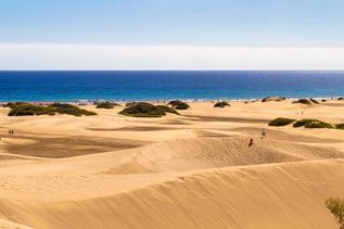 Panorama der Dünenlandschaft von Gran Canaria mit sanften Sanddünen und dem blauen Meer im Hintergrund.