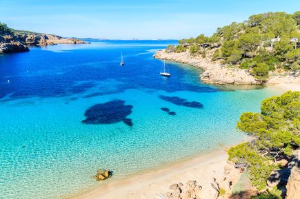 Kleine Badebucht Cala Salada mit klarem Wasser, Segelbooten und umgeben von Pinien
