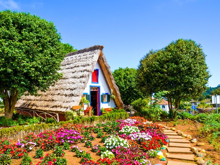 Traditionelles strohgedecktes Haus in Santana auf Madeira, umgeben von einem blühenden Garten und grünen Bäumen