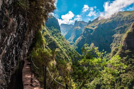 Schmaler Levada-Pfad entlang einer Felswand mit Blick auf das grüne Tal von Caldeirão Verde auf Madeira