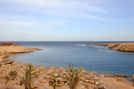 Blick auf eine ruhige Bucht mit Sandstrand, Sonnenschirmen und Palmen in Makadi Bay, Ägypten