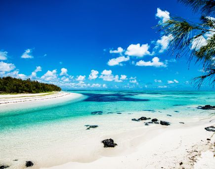 Blick auf einen Strand mit feinem, weißen Sand und klarem, türkisfarbenem Wasser. Im Hintergrund sind grüne Bäume und ein blauer Himmel mit weißen Wolken zu sehen.