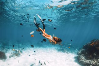 Frau beim Schnorcheln unter Wasser, umgeben von bunten tropischen Fischen und Korallen in klarem, türkisblauem Meer