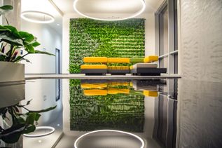 Sitzecke im Empfangsbereich von Gebäude 3 bei schauinsland-reisen mit grüner Pflanzenwand, gelben und grauen Sitzmöbeln, ringförmigen Leuchten und Wasserfläche im Vordergrund