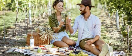 Paar sitzt auf einer Decke im Weinberg, hält Weingläser und hat Picknick mit Obst, Brot und Getränken vorbereitet