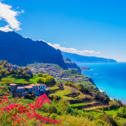 Blick auf Ponta de São Jorge auf Madeira mit terrassierten Hängen, Häusern an der Steilküste, blühenden Bougainvilleen und dem Atlantik im Hintergrund