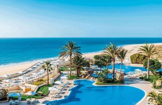 Großer Hotelpool mit Palmen und Liegestühlen, dahinter Sandstrand und blauer Ozean unter klarem Himmel
