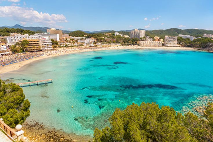 Panoramablick auf die Bucht von Paguera auf Mallorca mit Hotels, Sandstrand und klarem türkisfarbenem Meer