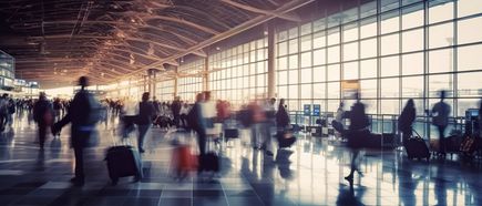 Belebte Flughafen-Terminalhalle mit vielen Reisenden, die mit Rollkoffern auf dem glänzenden Boden gehen, große Fensterfront im Hintergrund