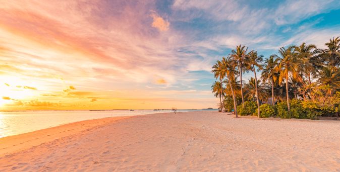 Strand mit Palmen am rechten Bildrand und Sonnenuntergang am linken Horizont