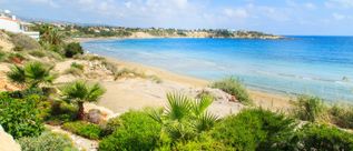 Küstenlandschaft in Paphos auf Zypern mit Sandstrand, Palmen, mediterraner Vegetation und ruhigem Meer entlang einer geschwungenen Bucht