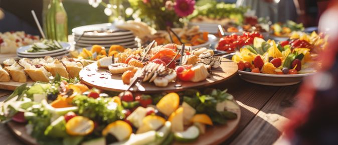 Gedeckter Holztisch mit mehreren Tellern voller Fingerfood und frischem Gemüse in natürlichem Licht