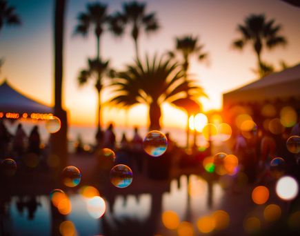Unscharfe Szene einer Strandbar bei Sonnenuntergang mit Palmen, Menschen im Hintergrund und bunten Lichtreflexen