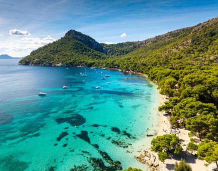 Strand Playa de Formentor auf Mallorca mit kristallklarem Wasser, dichtem Pinienwald und Segelbooten in der Bucht