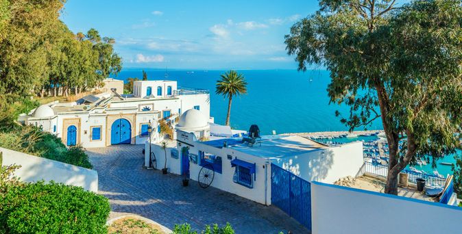 Blick auf weiß‑blaue Häuser in Sidi Bou an einem Hang mit Meer im Hintergrund, eingerahmt von Bäumen und strahlend blauem Himmel.