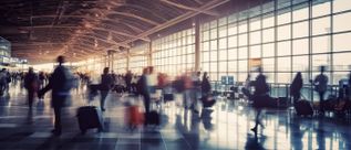 Belebte Flughafen-Terminalhalle mit vielen Reisenden, die mit Rollkoffern auf dem glänzenden Boden gehen, große Fensterfront im Hintergrund