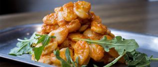 Gekochte Bohnen in Tomatensauce auf einem dunklen Teller, garniert mit Rucolablättern.