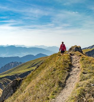 Wanderer mit rotem Rucksack auf schmalem Bergpfad im Allgäu mit Blick auf mehrere Bergketten unter blauem Himmel