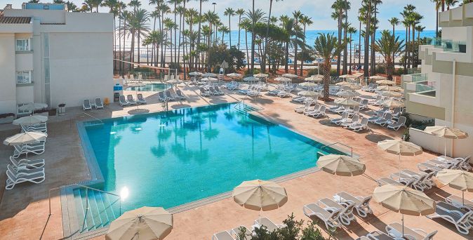 Außenpool des Hipotels Mediterráneo Club auf Mallorca mit vielen weißen Liegen und Sonnenschirmen, eingerahmt von Palmen und mit Blick auf das nahe Meer unter blauem Himmel