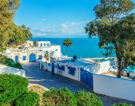 Blick auf weiß‑blaue Häuser in Sidi Bou an einem Hang mit Meer im Hintergrund, eingerahmt von Bäumen und strahlend blauem Himmel.