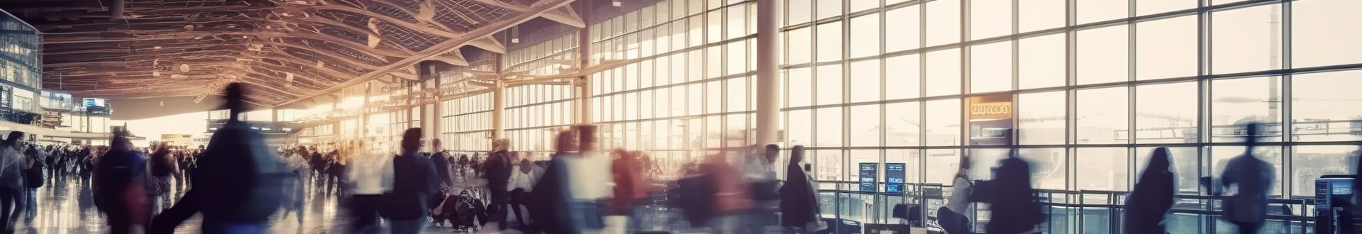 Große Flughafenhalle mit vielen Menschen und großen Fenstern im Hintergrund
