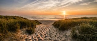 Sandweg durch bewachsene Dünen zum Strand mit Blick auf das Meer bei Sonnenuntergang