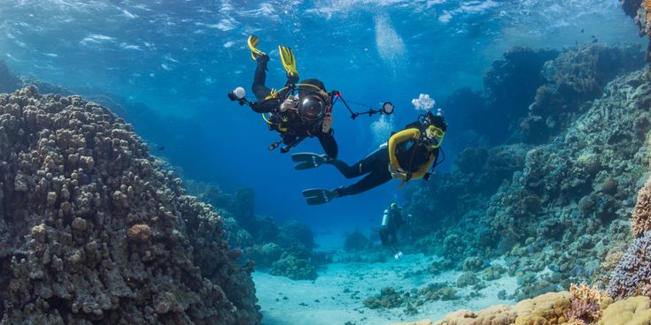 Zwei Taucher mit Tauchausrüstung und Kamera schwimmen über Korallenriff im klaren Wasser.
