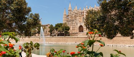 Blick auf die Kathedrale von Palma de Mallorca mit Wasserbecken und Springbrunnen im Vordergrund