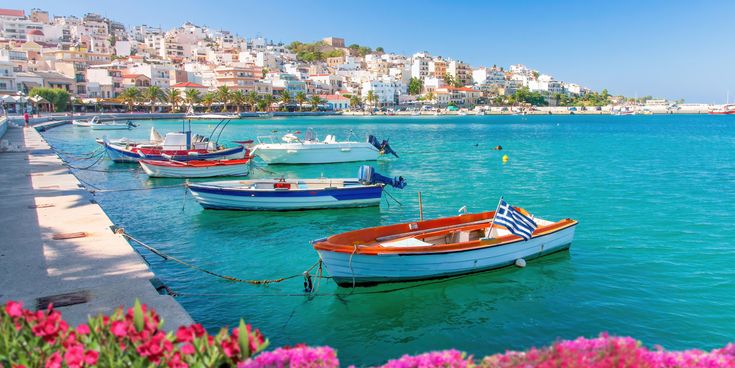 Mehrere kleine Boote mit griechischer Flagge liegen an einer Hafenmauer, im Hintergrund Häuser an einem Hang und blühende pinke Blumen im Vordergrund.