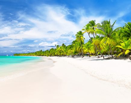 Langer weißer Sandstrand mit Palmen und blauem Himmel mit Wolken am Meer