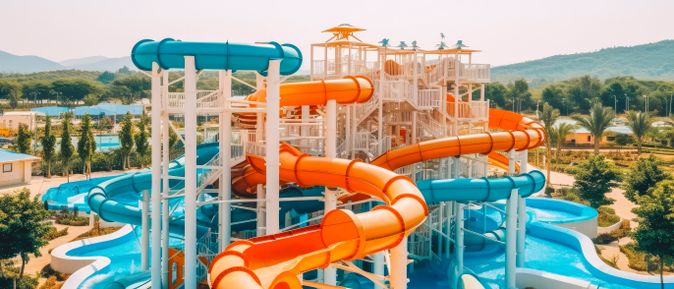 Großes Wasserrutschen-Areal mit mehreren orangefarbenen und blauen Röhrenrutschen