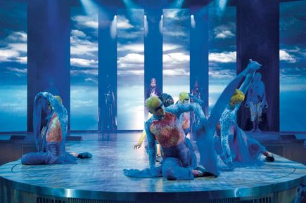 Show im Theatrium der AIDAblu mit Artistik‑Darstellenden auf einer beleuchteten Bühne, umgeben von hohen LED‑Panels mit Himmelsmotiven