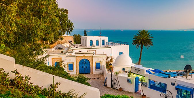 Traditionelle weiße Gebäude mit blauen Türen und Fenstern in einem tunesischen Küstendorf mit Palmen und Meerblick