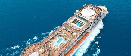 Luftaufnahme der MSC Splendida während der Fahrt auf offener See, mit klar erkennbaren Außendecks, mehreren Pools, Sonnenliegen und Freizeitbereichen