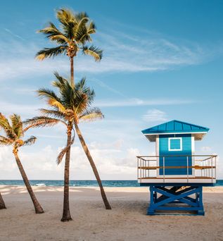 Vier Palmen am Strand neben einem blauen Rettungsturm mit Dach und Fenster, Meer im Hintergrund