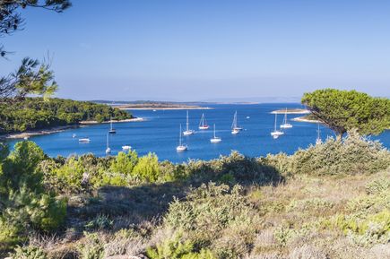 Blick über die naturbelassene Küstenlandschaft des Rt Kamenjak in Istrien mit mediterraner Vegetation, tiefblauem Meer und mehreren vor Anker liegenden Segelbooten
