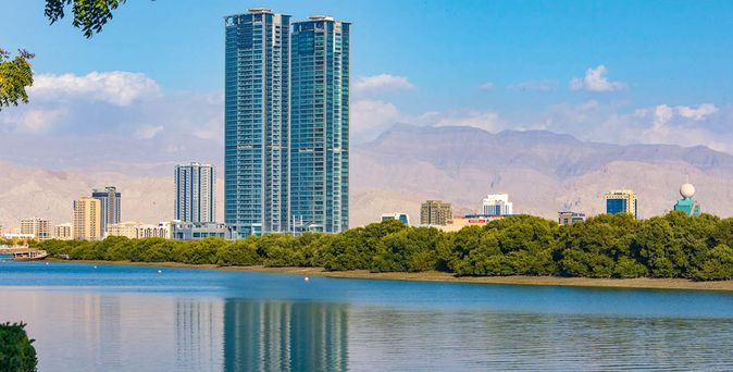 Hochhäuser hinter grünen Bäumen am Ufer eines ruhigen Gewässers unter blauem Himmel mit Wolken.