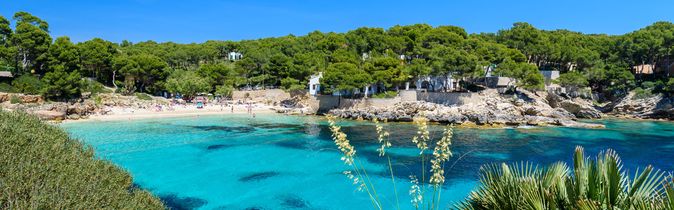 Badebucht Cala Ratjada auf Mallorca mit klarem Wasser, Felsen und grünen Pinien rund um den Strand