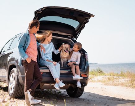 Personengruppe sitzt mit Hund im offenen Kofferraum eines Autos am Strand mit Meerblick und genießt einen entspannten Urlaubsmoment