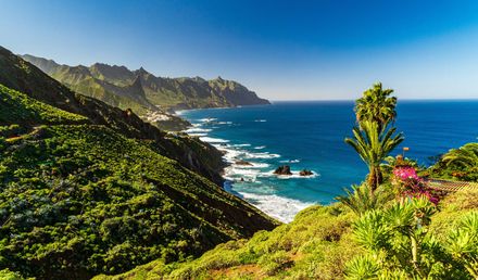 Anaga-Gebirge auf Teneriffa mit steilen grünen Berghängen, einer zerklüfteten Küstenlinie, blauem Atlantik und tropischer Vegetation im Vordergrund unter klarem Himmel