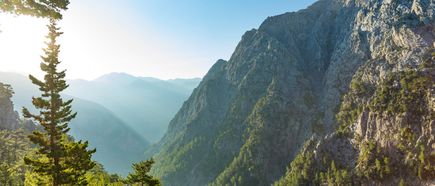 Berglandschaft mit steilen Felsen und Nadelbäumen im Vordergrund, Sonnenlicht von links, blauer Himmel.