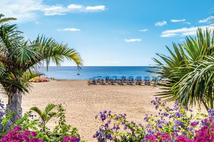 Strand mit Sonnenschirmen und Palmen im Vordergrund sowie blühenden Pflanzen am Rand