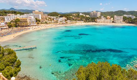 Strandbucht von Paguera auf Mallorca mit klarem Wasser, Hotelanlagen im Hintergrund und grünen Hügeln