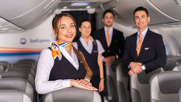 Mehrere Mitglieder der SunExpress Kabinenbesatzung stehen zwischen den Sitzreihen im Flugzeuginnenraum, im Hintergrund ist das SunExpress-Logo sichtbar.