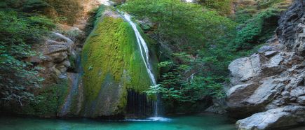 Wasserfall fließt über moosbedeckten Felsen in einen klaren, türkisfarbenen Pool, umgeben von dichtem Grün und Felsen.