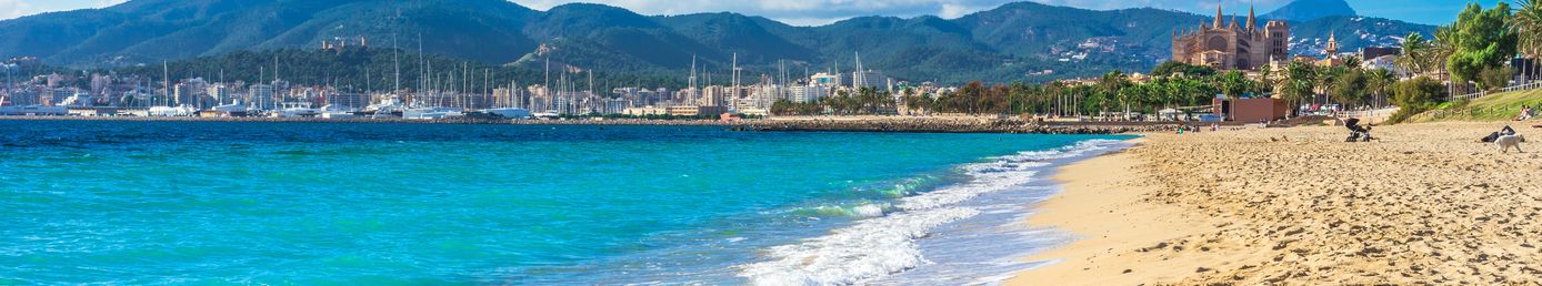 Weitläufige Playa de Palma auf Mallorca mit breitem Sandstrand, Promenade mit Palmen und Blick auf das Meer