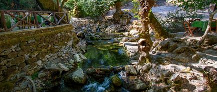 Bachlauf mit klarem Wasser, umgeben von Steinen, Bäumen und einer Steinmauer mit Holzgeländer im Tal der Sieben Quellen.